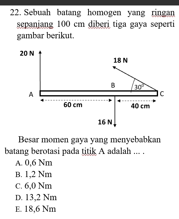 Sebuah batang homogen yang ringan
sepanjang 100 cm diberi tiga gaya seperti
gambar berikut.
20 N
18 N
B 30°
A
C
60 cm 40 cm
16 N
Besar momen gaya yang menyebabkan
batang berotasi pada titik A adalah ... .
A. 0,6 Nm
B. 1,2 Nm
C. 6,0 Nm
D. 13,2 Nm
E. 18,6 Nm