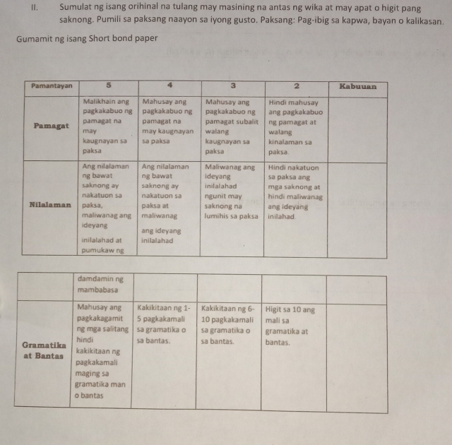 Sumulat ng isang orihinal na tulang may masining na antas ng wika at may apat o higit pang 
saknong. Pumili sa paksang naayon sa iyong gusto. Paksang: Pag-ibig sa kapwa, bayan o kalikasan. 
Gumamit ng isang Short bond paper