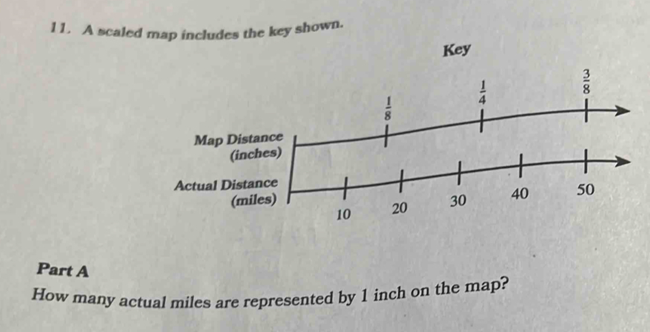 l1. A scaled map includes the key shown.
Key
Map
Actual 
Part A
How many actual miles are represented by 1 inch on the map?