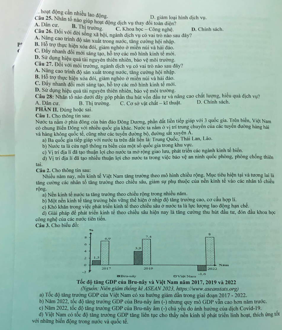 hoạt động cần nhiều lao động.
D. giảm loại hình dịch vụ.
Câu 25. Nhân tố nào giúp hoạt động dịch vụ thay đổi toàn diện?
A. Dân cư. B. Thị trường. C. Khoa học - Công nghệ. D. Chính sách.
Câu 26. Đối với đời sống xã hội, ngành dịch vụ có vai trò nào sau đây?
A. Nâng cao trình độ sản xuất trong nước, tăng cường hội nhập.
P' B. Hỗ trợ thực hiện xóa đói, giảm nghèo ở miễn núi và hải đảo.
C. Đầy nhanh đổi mới sáng tạo, hỗ trợ các mô hình kinh tế mới.
D. Sử dụng hiệu quả tài nguyên thiên nhiên, bảo Vhat c môi trường.
Câu 27. Đối với môi trường, ngành dịch vụ có vai trò nào sau đây?
A. Nâng cao trình độ sản xuất trong nước, tăng cường hội nhập.
B. Hỗ trợ thực hiện xóa đói, giảm nghèo ở miền núi và hải đảo.
C. Đây nhanh đổi mới sáng tạo, hỗ trợ các mô hình kinh tế mới.
D. Sử dụng hiệu quả tài nguyên thiên nhiên, bảo vệ môi trường.
Câu 28: Nhân tố nào dưới đây góp phần thu hút vốn đầu tư và nâng cao chất lượng, hiểu quả dịch vụ?
A. Dân cư. B. Thị trường. C. Cơ sở vật chất - kĩ thuật. D. Chính sách.
PHÀN II. Đúng hoặc sai.
Câu 1. Cho thông tin sau:
Nước ta nằm ở phía đông của bán đảo Đông Dương, phần đất liền tiếp giáp với 3 quốc gia. Trên biển, Việt Nam
có chung Biển Đông với nhiều quốc gia khác. Nước ta nằm ở vị trí trung chuyển của các tuyến đường hàng hải
và hàng không quốc tế, cũng như các tuyến đường bộ, đường sắt xuyên Á.
a) Ba quốc gia tiếp giáp với nước ta trên đất liển là: Trung Quốc, Thái Lan, Lào.
b) Nước ta là cửa ngõ thông ra biển của một số quốc gia trong khu vực.
c) Vị trí địa lí đã tạo thuận lợi cho nước ta mở rộng giao lưu, phát triển các ngành kinh tế biển.
d) Vị trí địa lí đã tạo nhiều thuận lợi cho nước ta trong việc bảo vệ an ninh quốc phòng, phòng chống thiên
tai.
Câu 2. Cho thông tin sau:
Nhiều năm nay, nền kinh tế Việt Nam tăng trưởng theo mô hình chiều rộng. Mục tiêu hiện tại và tương lai là
tăng cường các nhân tố tăng trưởng theo chiều sâu, giảm sự phụ thuộc của nền kinh tế vào các nhân tổ chiều
rộng.
a) Nền kinh tế nước ta tăng trưởng theo chiều rộng trong nhiều năm.
b) Một nền kinh tế tăng trưởng bền vững thể hiện ở nhịp độ tăng trưởng cao, cơ cấu hợp lí.
c) Khó khăn trong việc phát triển kinh tế theo chiều sâu ở nước ta là lực lượng lao động hạn chế.
d) Giải pháp để phát triển kinh tế theo chiều sâu hiện nay là tăng cường thu hút đầu tư, đón đầu khoa học
công nghệ của các nước tiên tiến.
Câu 3. Cho biểu đồ:
Tốc độ tăng GDP của Bru-nây và Việt Nam năm 2017, 2019 và 2022
(Nguồn: Niên giám thống kê ASEAN 2023, https://www.aseanstats.org)
a) Tốc độ tăng trưởng GDP của Việt Nam có xu hướng giảm dần trong giai đoạn 2017 - 2022.
b) Năm 2022, tốc độ tăng trưởng GDP của Bru-nây âm (-) nhưng quy mô GDP vẫn cao hơn năm trước.
c) Năm 2022, tốc độ tăng trưởng GDP của Bru-nây âm (-) chủ yếu do ảnh hưởng của dịch Covid-19.
d) Việt Nam có tốc độ tăng trưởng GDP tăng liên tục cho thấy nền kinh tế phát triển linh hoạt, thích ứng tốt
với những biến động trong nước và quốc tế.