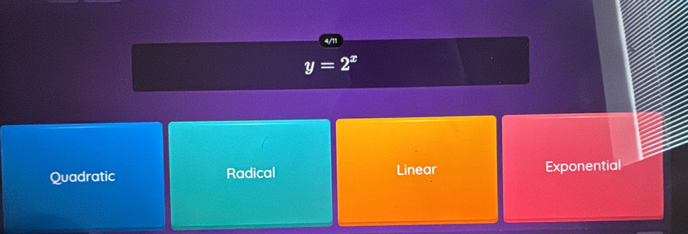 4/11
y=2^x
Quadratic Radical Linear Exponential