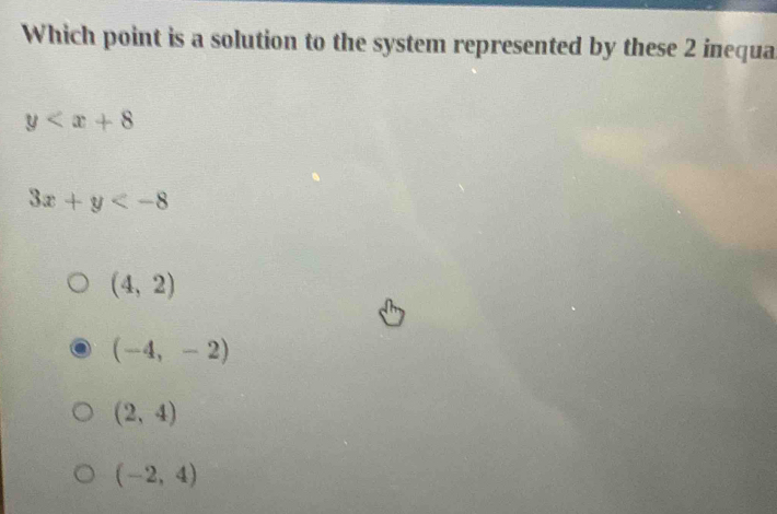 Which point is a solution to the system represented by these 2 inequa
y
3x+y
(4,2)
(-4,-2)
(2,4)
(-2,4)