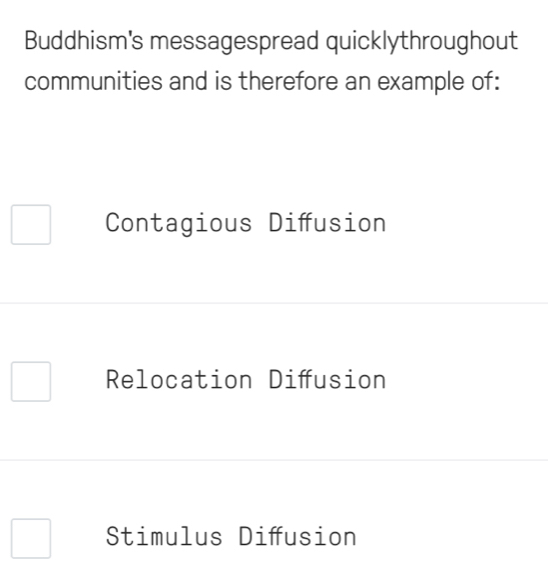 Buddhism's messagespread quicklythroughout
communities and is therefore an example of:
Contagious Difusion
Relocation Difusion
Stimulus Difusion