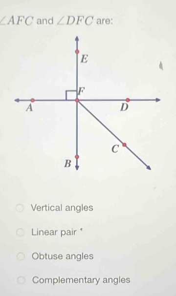 ∠ AFC and ∠ DFC are:
Vertical angles
Linear pair *
Obtuse angles
Complementary angles