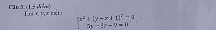 (1,5 điểm) 
Tim x, y, z biết :
beginarrayl x^2+(y-z+1)^2=0 5y-3z-9=0endarray..