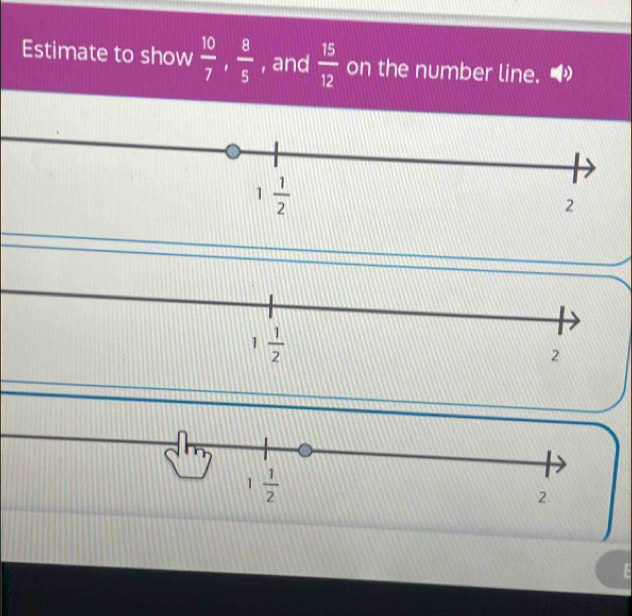 Estimate to show  10/7 , 8/5  , and  15/12  on the number line.