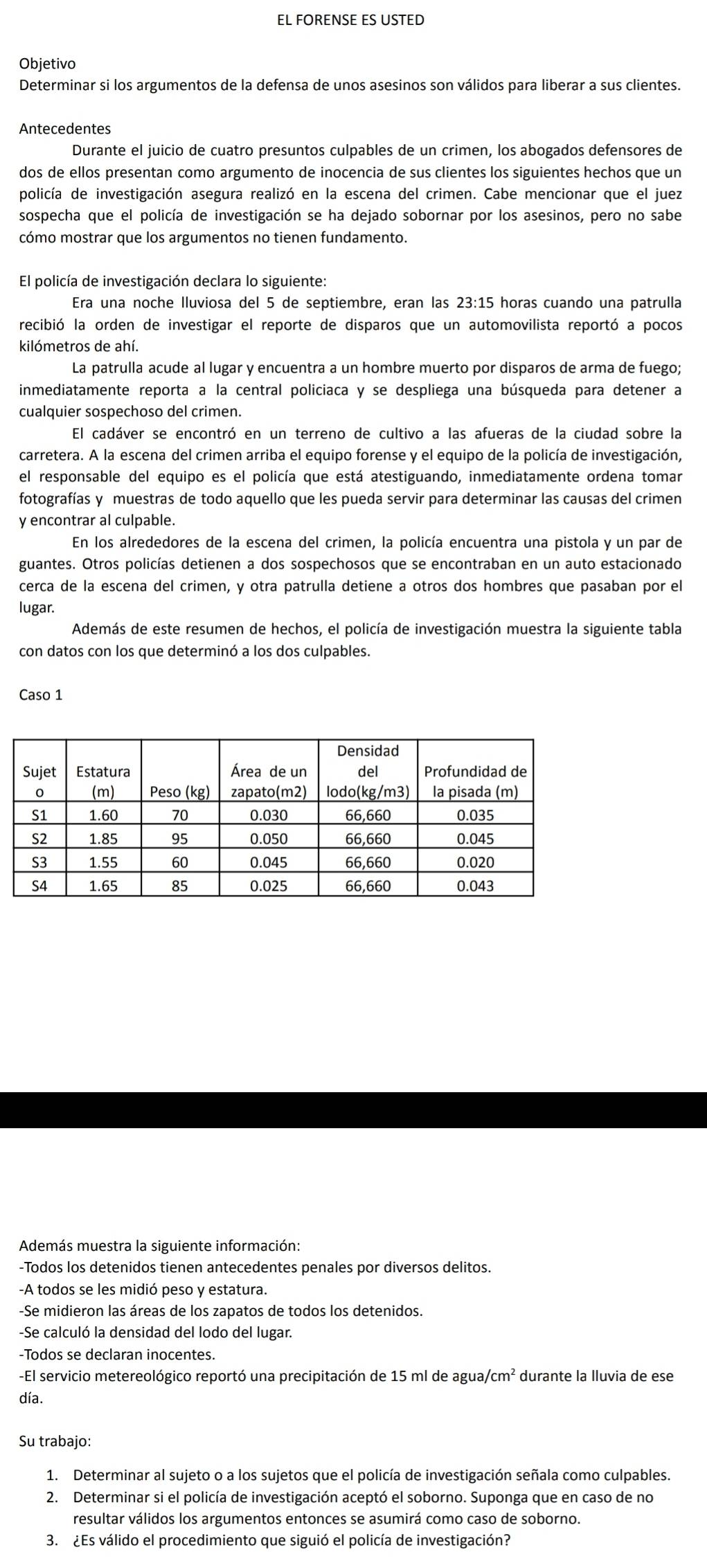 EL FORENSE ES USTED
Objetivo
Determinar si los argumentos de la defensa de unos asesinos son válidos para liberar a sus clientes.
Antecedentes
Durante el juicio de cuatro presuntos culpables de un crimen, los abogados defensores de
dos de ellos presentan como argumento de inocencia de sus clientes los siguientes hechos que un
policía de investigación asegura realizó en la escena del crimen. Cabe mencionar que el juez
sospecha que el policía de investigación se ha dejado sobornar por los asesinos, pero no sabe
cómo mostrar que los argumentos no tienen fundamento.
El policía de investigación declara lo siguiente:
Era una noche Iluviosa del 5 de septiembre, eran las 23:15 horas cuando una patrulla
recibió la orden de investigar el reporte de disparos que un automovilista reportó a pocos
kilómetros de ahí.
La patrulla acude al lugar y encuentra a un hombre muerto por disparos de arma de fuego;
inmediatamente reporta a la central policiaca y se despliega una búsqueda para detener a
cualquier sospechoso del crimen.
El cadáver se encontró en un terreno de cultivo a las afueras de la ciudad sobre la
carretera. A la escena del crimen arriba el equipo forense y el equipo de la policía de investigación,
el responsable del equipo es el policía que está atestiguando, inmediatamente ordena tomar
fotografías y muestras de todo aquello que les pueda servir para determinar las causas del crimen
y encontrar al culpable.
En los alrededores de la escena del crimen, la policía encuentra una pistola y un par de
guantes. Otros policías detienen a dos sospechosos que se encontraban en un auto estacionado
cerca de la escena del crimen, y otra patrulla detiene a otros dos hombres que pasaban por el
lugar.
Además de este resumen de hechos, el policía de investigación muestra la siguiente tabla
con datos con los que determinó a los dos culpables.
Caso 1
Además muestra la siguiente información:
-Todos los detenidos tienen antecedentes penales por diversos delitos.
-A todos se les midió peso y estatura.
-Se midieron las áreas de los zapatos de todos los detenidos.
-Se calculó la densidad del lodo del lugar.
-Todos se declaran inocentes.
-El servicio metereológico reportó una precipitación de 15 ml de agua/cm² durante la Iluvia de ese
día.
Su trabajo:
1. Determinar al sujeto o a los sujetos que el policía de investigación señala como culpables.
2. Determinar si el policía de investigación aceptó el soborno. Suponga que en caso de no
resultar válidos los argumentos entonces se asumirá como caso de soborno.
3. ¿Es válido el procedimiento que siguió el policía de investigación?