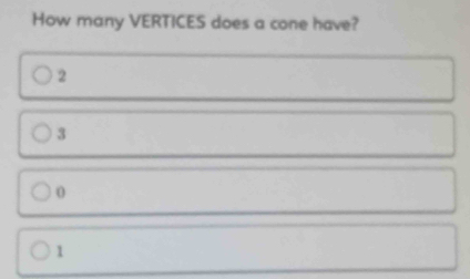 How many VERTICES does a cone have?
2
3
0
1