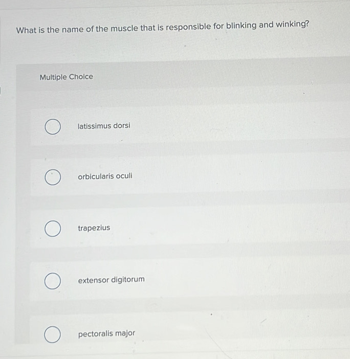 What is the name of the muscle that is responsible for blinking and winking?
Multiple Choice
latissimus dorsi
orbicularis oculi
trapezius
extensor digitorum
pectoralis major