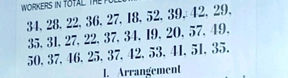 WORKERS IN TOTAL. TH
34, 28, 22, 36, 27, 18, 52, 39, 42, 29,
35, 31, 27, 22, 37, 34, 19, 20, 57, 49,
0, 37, 46, 25, 37, 42, 53, 41, 51, 35, 
1. Arrangement