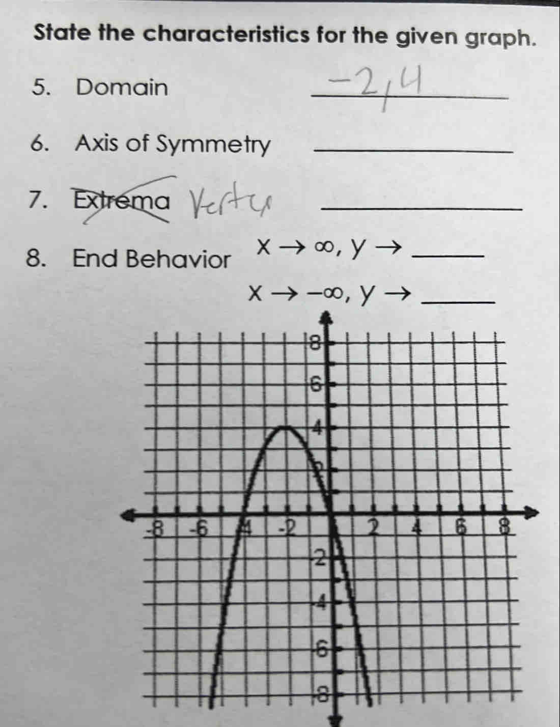 State the characteristics for the given graph. 
5. Domain 
_ 
6. Axis of Symmetry_ 
7. Extrema 
_ 
8. End Behavior Xto ∈fty ,Y° _
Xto -∈fty , y - _