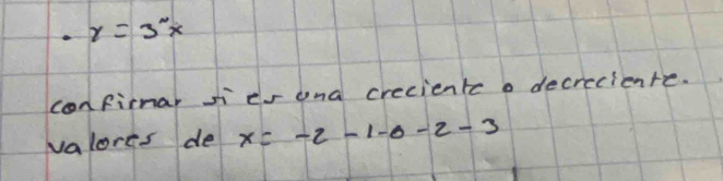 · r=3x
confirnar sicr una crecientc o decreciente. 
valores de x=-2-1-0-2-3