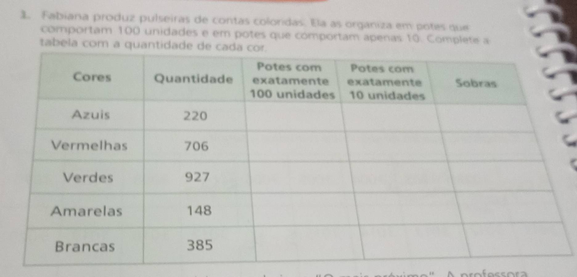 Fabiana produz pulseiras de contas coloridas. Ela as organiza em potes que 
comportam 100 unidades e em potes que comportam apenas 10. Complete a 
tabela com a quantidade de