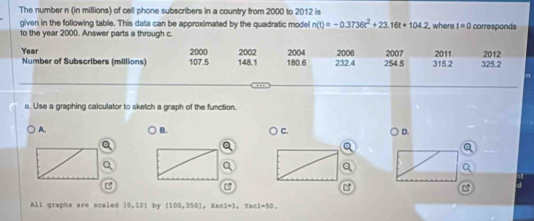 The number n (in millions) of cell phone subscribers in a country from 2000 to 2012 is
given in the following table. This data can be approximated by the quadratic model n(t)=-0.3736t^2+23.16t+104.2 where t=0 corresponds
to the year 2000. Answer parts a through c.
Year 2000 2002 2004 2006 2007 2011 2012
Number of Subscribers (millions) 107.5 148.1 180.6 232.4 254.5 315.2 325.2
n
a. Use a graphing calculator to sketch a graph of the function.
A. B. C. D.
1t
C
C
d
All graphs are scaled [0,12] by [100,350] ， Xse 1=1 , Tac 1-50.