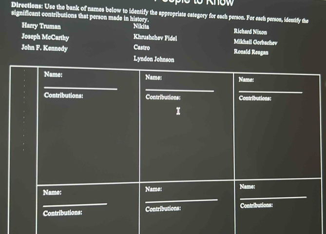 Directions: Use the bank of names below to identify the appropriate category for each person. For each person, identify the
significant contributions that person made in history.
Harry Truman Nikita Richard Nixon
Khrushchev Fidel
Joseph McCarthy Mikhail Gorbachev
John F. Kennedy Castro Ronald Reagan
Lyndon Johnson
Name: Name: Name:
_
_
Contributions: Contributions: Contributions:
I
_
_
Name: Name: Name:
_
Contributions: Contributions: Contributions: