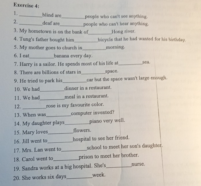 1, _blind are_ people who can't see anything. 
2. _deaf are_ people who can't hear anything. 
3. My hometown is on the bank of_ Hong river. 
4. Tung's father bought him_ bicycle that he had wanted for his birthday. 
5. My mother goes to church in_ morning. 
6. I eat_ banana every day. 
7. Harry is a sailor. He spends most of his life at_ sea. 
8. There are billions of stars in_ space. 
9. He tried to park his_ car but the space wasn't large enough. 
10. We had_ dinner in a restaurant. 
11. We had_ meal in a restaurant. 
12. _rose is my favourite color. 
13. When was _computer invented? 
14. My daughter plays_ piano very well. 
15. Mary loves_ flowers. 
16. Jill went to_ hospital to see her friend. 
17. Mrs. Lan went to_ school to meet her son's daughter. 
18. Carol went to_ prison to meet her brother. 
19. Sandra works at a big hospital. She's_ nurse. 
20. She works six days_ week.