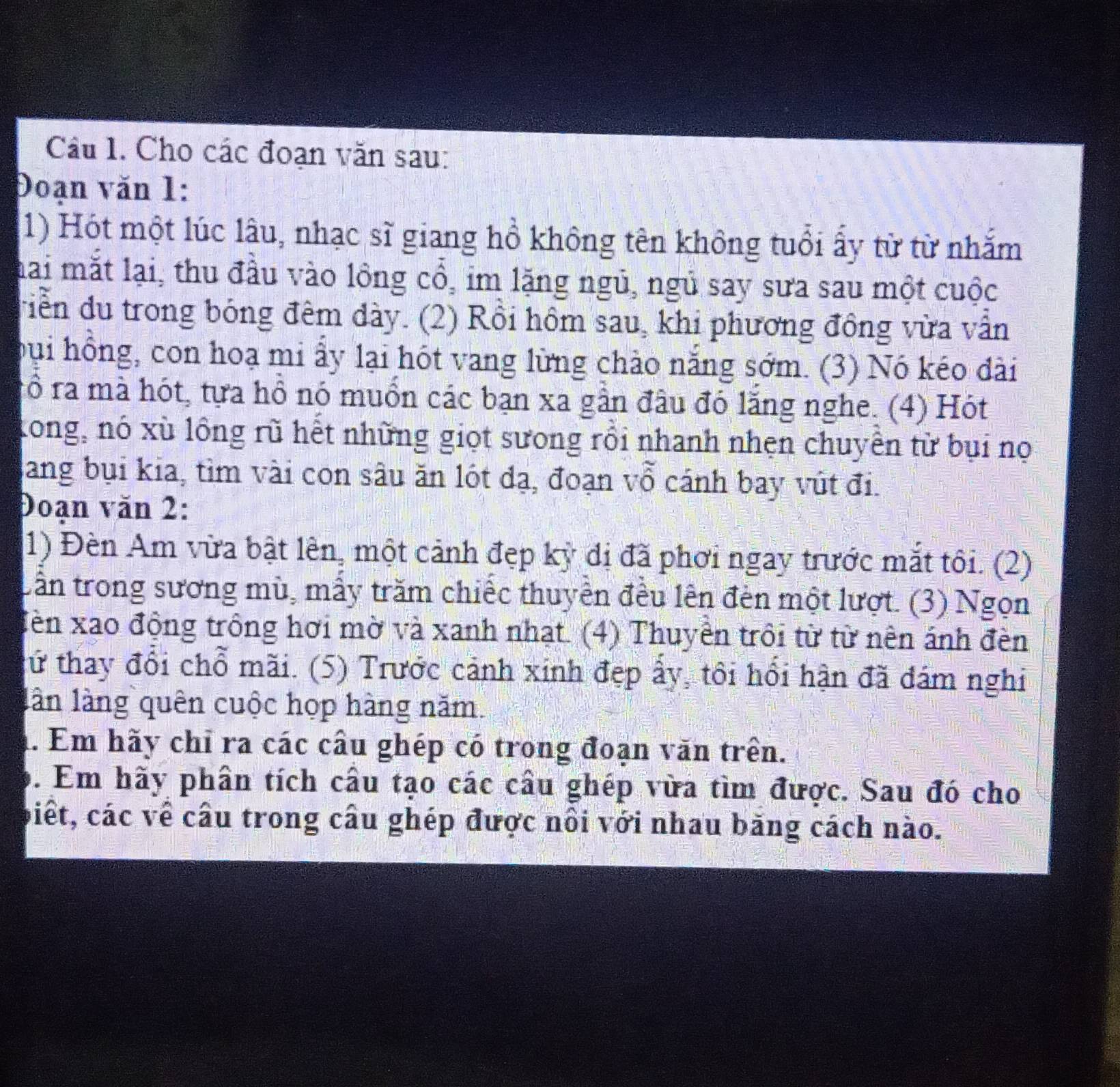 Cho các đoạn văn sau: 
Đoạn văn 1: 
1) Hót một lúc lâu, nhạc sĩ giang hồ không tên không tuổi ấy từ từ nhăm 
mai mắt lại, thu đầu vào lồng cổ, im lặng ngủ, ngủ say sưa sau một cuộc 
viễn du trong bóng đêm dày. (2) Rồi hôm sau, khi phương đồng vừa vẫn 
bụi hồng, con hoạ mi ấy lại hót vang lừng chào nắng sớm. (3) Nó kéo đài 
rô ra mà hót, tựa hồ nó muồn các bạn xa gần đầu đó lăng nghe. (4) Hót 
kong, nó xù lồng rũ hết những giọt sưong rồi nhanh nhẹn chuyển từ bụi nọ 
Sang bụi kia, tìm vài con sâu ăn lót dạ, đoạn vỗ cánh bay vút đi. 
Đoạn văn 2: 
1) Đèn Am vừa bật lên, một cảnh đẹp kỳ di đã phơi ngay trước mắt tôi. (2) 
Lần trong sương mù, mấy trăm chiếc thuyền đều lên đến một lượt. (3) Ngọn 
Mèn xao động trồng hơi mờ và xanh nhạt. (4) Thuyền trồi từ từ nên ánh đèn 
tứ thay đổi chỗ mãi. (5) Trước cảnh xinh đẹp ấy, tôi hổi hận đã đám nghi 
lần làng quên cuộc họp hàng năm. 
1. Em hãy chỉ ra các cầu ghép có trong đoạn văn trên. 
6. Em hãy phân tích cầu tạo các cầu ghép vừa tìm được. Sau đó cho 
biết, các về cầu trong cầu ghép được nổi với nhau băng cách nào.