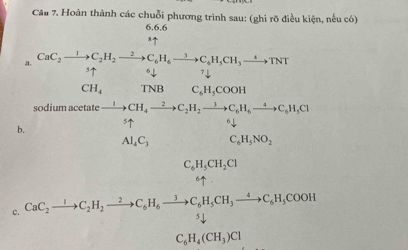 Hoàn thành các chuỗi phương trình sau: (ghi rõ điều kiện, nếu có) 
6. 6.6 
8 
a. CaC_2to C_2H_2xrightarrow 2to C_6H_6to C_6H_5CH_3xrightarrow 4xrightarrow 4TNT 
□  5uparrow 6 7、
CH_4^((circ) T NB C_6)H_5COOH
sodium acetate xrightarrow I_5CH_4xrightarrow 2C_2H_2xrightarrow 3C_6H_6xrightarrow 4C_6H_5Cl°downarrow
b.
Al_4C_3
C_6H_5NO_2
C_6H_5CH_2Cl
6 . 
c. CaC_2xrightarrow 1C_2H_2xrightarrow 2C_6H_6xrightarrow 3C_6H_5CH_3xrightarrow 4C_6H_5COOH
5
C_6H_4(CH_3)Cl