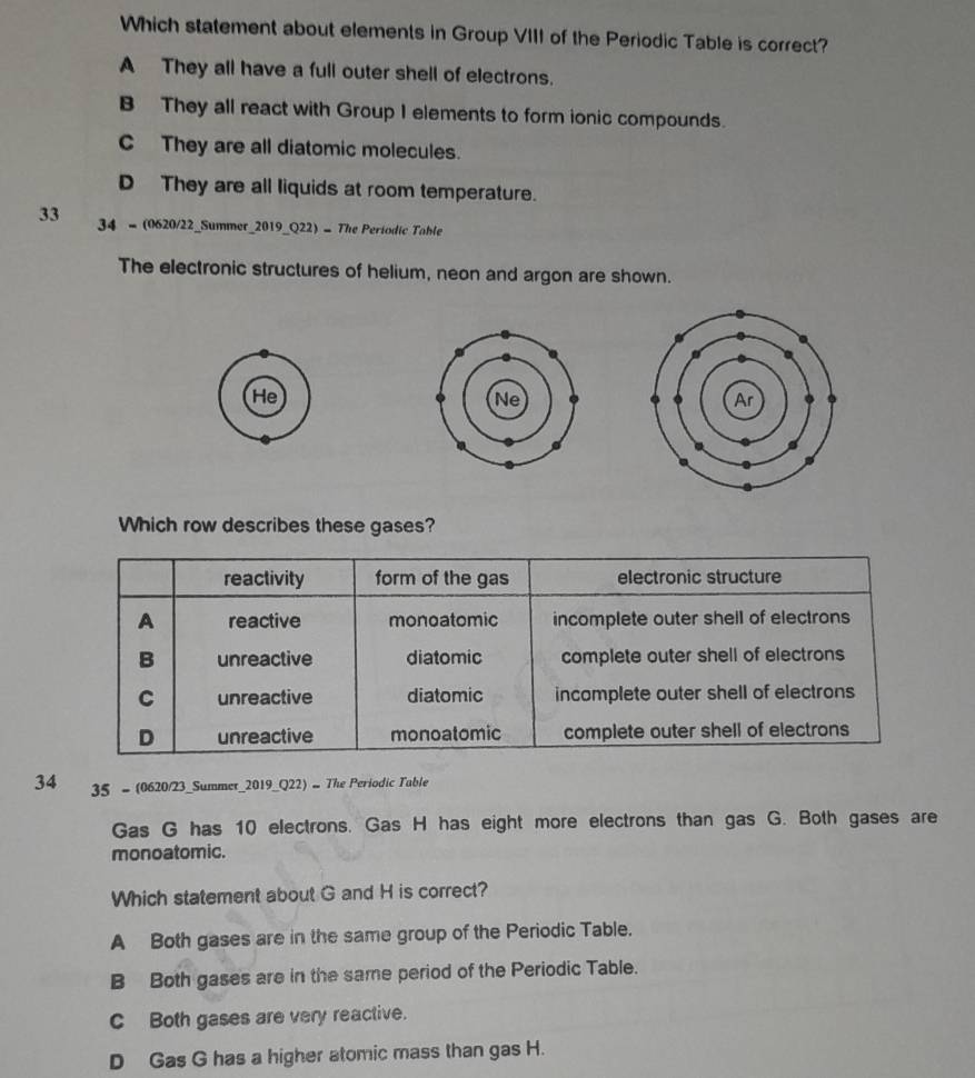 Which statement about elements in Group VIII of the Periodic Table is correct?
A They all have a full outer shell of electrons.
B They all react with Group I elements to form ionic compounds.
C They are all diatomic molecules.
D They are all liquids at room temperature.
33 34 - (0620/22_Summer_2019_Q22) - The Periodic Table
The electronic structures of helium, neon and argon are shown.
He
Which row describes these gases?
reactivity form of the gas electronic structure
A reactive monoatomic incomplete outer shell of electrons
B unreactive diatomic complete outer shell of electrons
C unreactive diatomic incomplete outer shell of electrons
D unreactive monoatomic complete outer shell of electrons
34 35 - (0620/23_Summer_2019_Q22) - The Periodic Table
Gas G has 10 electrons. Gas H has eight more electrons than gas G. Both gases are
monoatomic.
Which statement about G and H is correct?
A Both gases are in the same group of the Periodic Table.
B Both gases are in the same period of the Periodic Table.
C Both gases are very reactive.
D Gas G has a higher atomic mass than gas H.