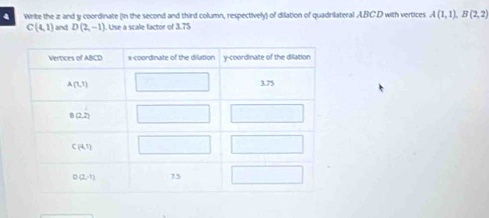 Write the a and y coordinate (in the second and third column, respectively) of dilation of quadrilateral ABCD with vertices A(1,1),B(2,2)
C(4,1) and D(2,-1) J. Use a scale factor of 3.75