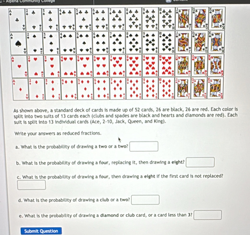 Alpena Community Collego 
As shown above, a standard deck of cards is made up of 52 cards, 26 are black, 26 are red. Each color is 
split into two suits of 13 cards each (clubs and spades are black and hearts and diamonds are red). Each 
suit is split into 13 individual cards (Ace, 2 - 10, Jack, Queen, and King). 
Write your answers as reduced fractions. 
a. What is the probability of drawing a two or a two? □ 
b. What is the probability of drawing a four, replacing it, then drawing a eight? □ 
c. What is the probability of drawing a four, then drawing a eight if the first card is not replaced? 
d. What is the probability of drawing a club or a two? □ 
e. What is the probability of drawing a diamond or club card, or a card less than 3? □ 
Submit Question