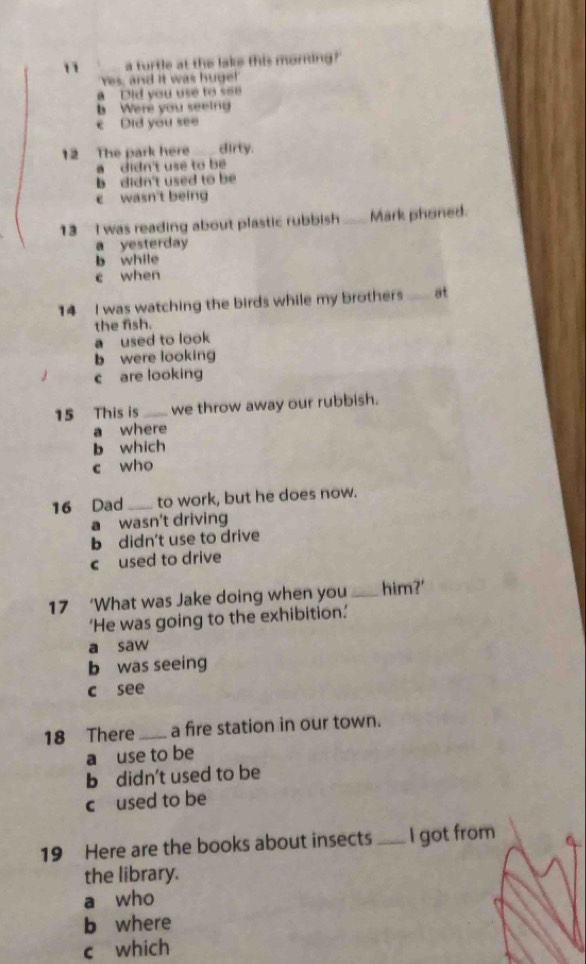 a turtle at the lake this morning?'
Yes, and it was huge!'
Did you use to see
b Were you seeing
e Did you see
12 The park here ____ dirty.
a didn't use to be
b didn't used to be
e wasn't being
13 I was reading about plastic rubbish _Mark phoned.
a yesterday
b while
c when
14 I was watching the birds while my brothers_ at
the fish.
a used to look
b were looking
J c are looking
15 This is _we throw away our rubbish.
a where
b which
c who
16 Dad _to work, but he does now.
a wasn't driving
b didn't use to drive
c used to drive
17 ‘What was Jake doing when you_ him?'
‘He was going to the exhibition.’
a saw
b was seeing
c see
18 There _a fire station in our town.
a use to be
b didn't used to be
c used to be
19 Here are the books about insects_ I got from
the library.
a who
b where
c which