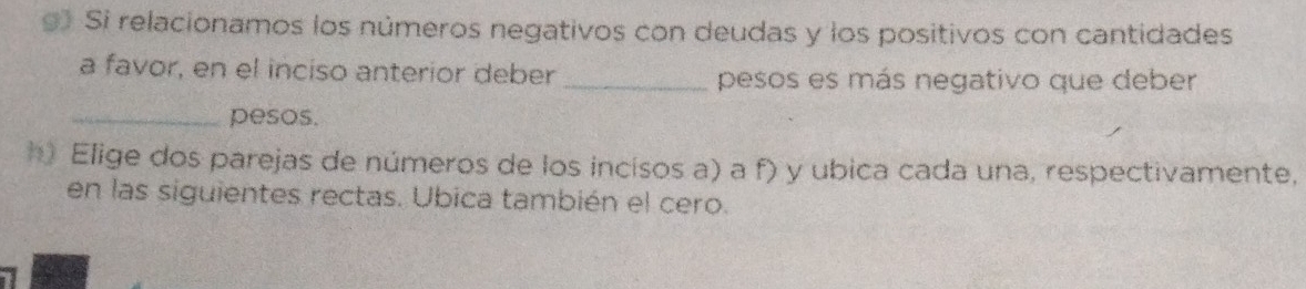 Si relacionamos los números negativos con deudas y los positivos con cantidades 
a favor, en el inciso anterior deber _pesos es más negativo que deber 
_pesos. 
h) Elige dos parejas de números de los incisos a) a f) y ubica cada una, respectivamente, 
en las siguientes rectas. Ubica también el cero.