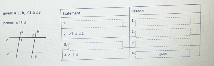 given: a||b,∠ 1≌ ∠ 3
prove: c||d