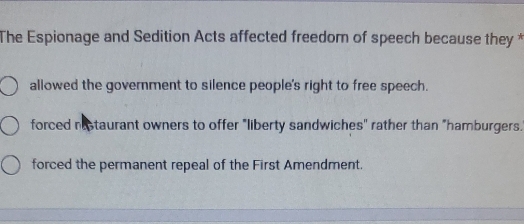 The Espionage and Sedition Acts affected freedom of speech because they *
allowed the government to silence people's right to free speech.
forced nestaurant owners to offer "liberty sandwiches" rather than "hamburgers.
forced the permanent repeal of the First Amendment.