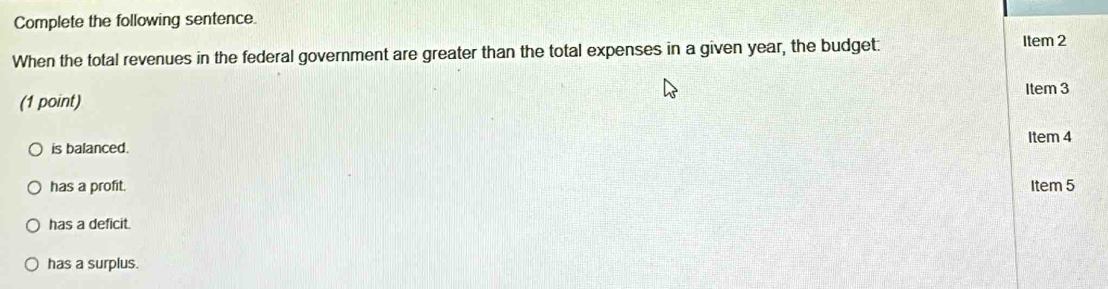 Complete the following sentence.
When the total revenues in the federal government are greater than the total expenses in a given year, the budget. Item 2
Item 3
(1 point)
Item 4
is balanced.
has a profit. Item 5
has a deficit.
has a surplus.