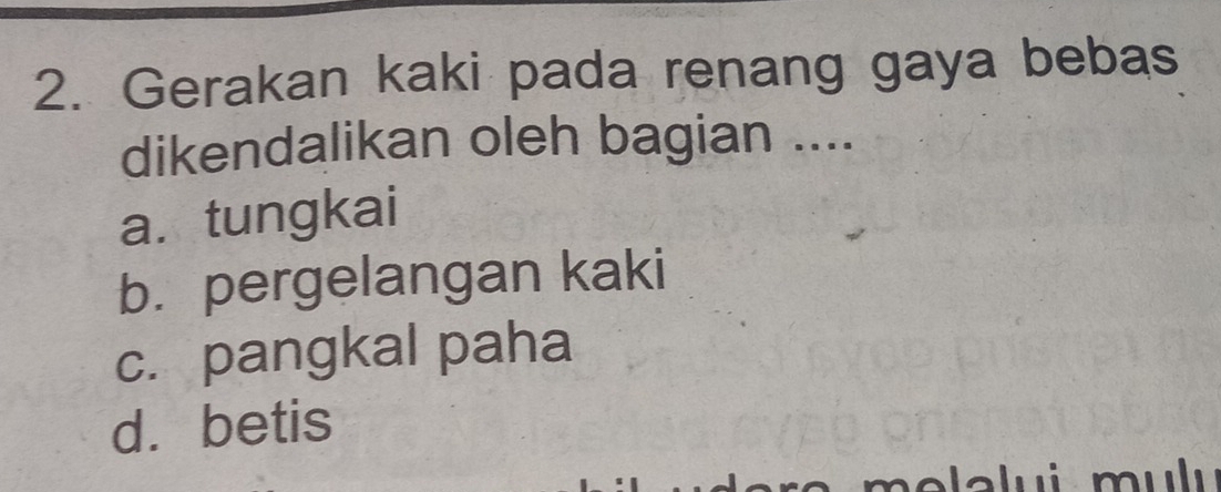 Gerakan kaki pada renang gaya bebas
dikendalikan oleh bagian ....
a. tungkai
b.pergelangan kaki
c. pangkal paha
d. betis