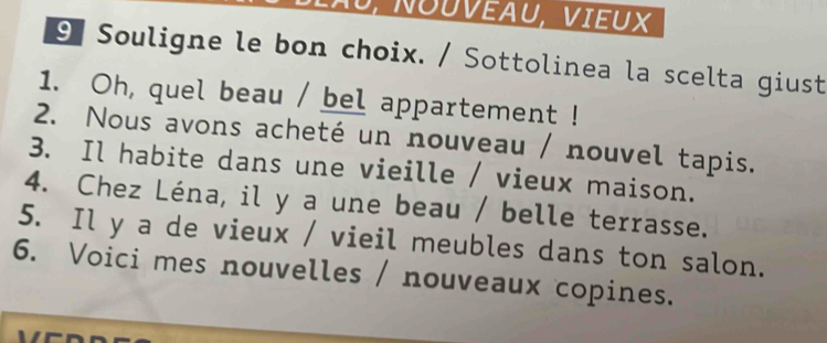 au, Nouvéau, VIEUX 
Souligne le bon choix. / Sottolinea la scelta giust 
1. Oh, quel beau / bel appartement ! 
2. Nous avons acheté un nouveau / nouvel tapis. 
3. Il habite dans une vieille / vieux maison. 
4. Chez Léna, il y a une beau / belle terrasse. 
5. Il y a de vieux / vieil meubles dans ton salon. 
6. Voici mes nouvelles / nouveaux copines.