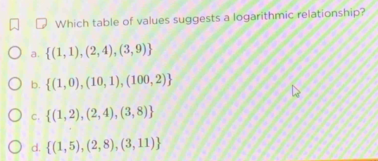 Which table of values suggests a logarithmic relationship?
a.  (1,1),(2,4),(3,9)
b.  (1,0),(10,1),(100,2)
C.  (1,2),(2,4),(3,8)
d.  (1,5),(2,8),(3,11)