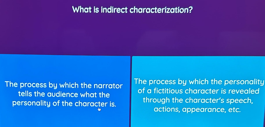 What is indirect characterization? 
The process by which the narrator The process by which the personality 
tells the audience what the of a fictitious character is revealed 
personality of the character is. through the character’s speech, 
actions, appearance, etc.