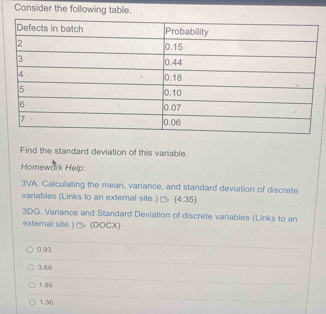 Consider the following table.
Find the standard deviation of this variable.
Homework Help:
3VA. Calculating the mean, variance, and standard deviation of discrete
variables (Links to an external site.) (4:35)
3DG. Variance and Standard Deviation of discrete variables (Links to an
external site.) (DOCX)
0.93
3.68
1.86
1.36