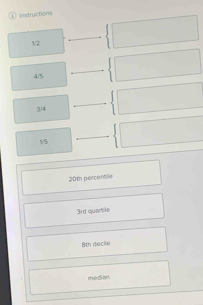 Instructions
1/2
4/5
3/4
1/5
20th percentile
3rd quartile
8th decile
median