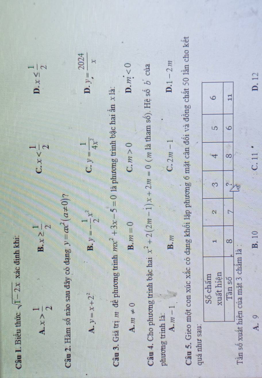 Biểu thức sqrt(1-2x)xic định khí:
A. x> 1/2  x≥  1/2 
B.
C. x x≤  1/2 
D.
Câu 2. Hàm số nào sau đây có dạng y=ax^2(a!= 0) ?
A. y=x+2^2 B. y=- 1/2 x^2 y= 1/4x^2 
C.
D. y= 2024/x 
Câu 3. Giá trị m đề phương trình mx^2+3x-5=0 là phương trình bậc hai ẩn x là:
A. m!= 0
B. m=0 C. m>0 D. m<0</tex> 
Câu 4. Cho phương trình bậc hai x^2+2(2m-1)x+2m=0 (m là tham shat o). Hệ shat hat O b' của
phương trình là:
A. m-1 B. m C. 2m-1 D. 1-2m
Câu 5. Gieo một con xúc xắc có dạng khối lập phương 6 mặt cân đổi và đồng chất 50 lần cho kết
quả như
Tần số xuất hiện của mặt 3 chấm là :
A. 9 B. 10 C. 11 ‘ D. 12