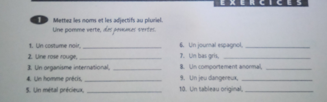 EXERCICES 
D Mettez les noms et les adjectifs au pluriel. 
Une pomme verte, pommes vertes. 
1. Un costume noir, _6. Un journal espagnol,_ 
2. Une rose rouge, _7. Un bas gris,_ 
3. Un organisme international, _8. Un comportement anormal,_ 
4. Un homme précis, _9. Un jeu dangereux,_ 
5. Un métal précieux, _10. Un tableau original,_