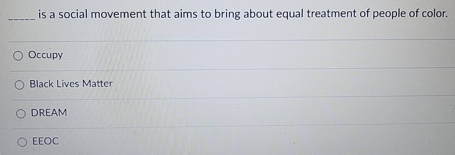 is a social movement that aims to bring about equal treatment of people of color.
Occupy
Black Lives Matter
DREAM
EEOC