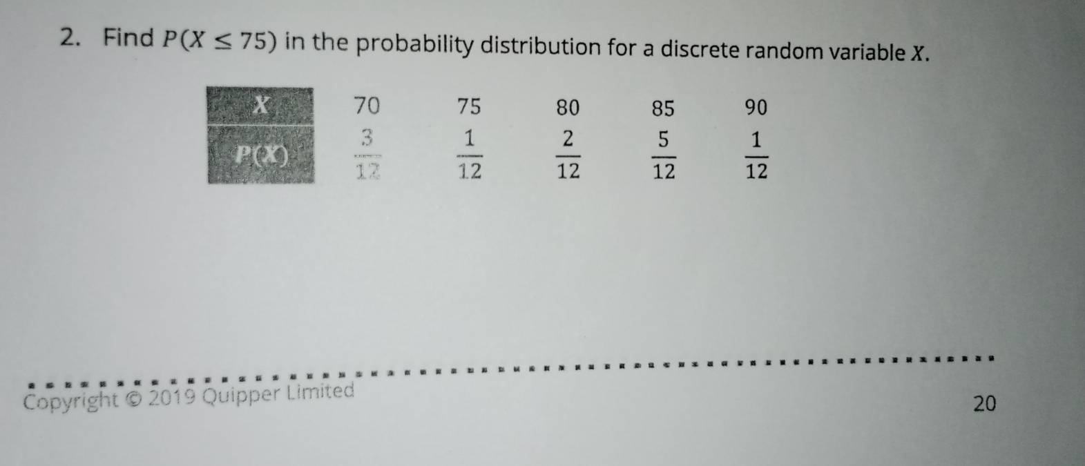 Find P(X≤ 75) in the probability distribution for a discrete random variable X.
70
75 80 85 90
 3/12   1/12   2/12   5/12   1/12 
Copyright © 2019 Quipper Limited
20