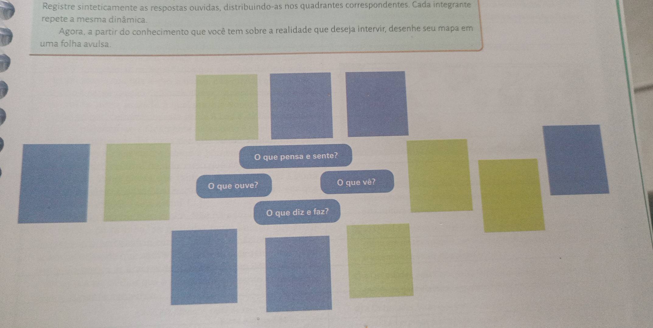 Registre sinteticamente as respostas ouvidas, distribuindo-as nos quadrantes correspondentes. Cada integrante 
repete a mesma dinâmica. 
Agora, a partir do conhecimento que você tem sobre a realidade que deseja intervir, desenhe seu mapa em 
uma folha avulsa. 
O que pensa e sente? 
O que ouve? O que vê? 
O que diz e faz?