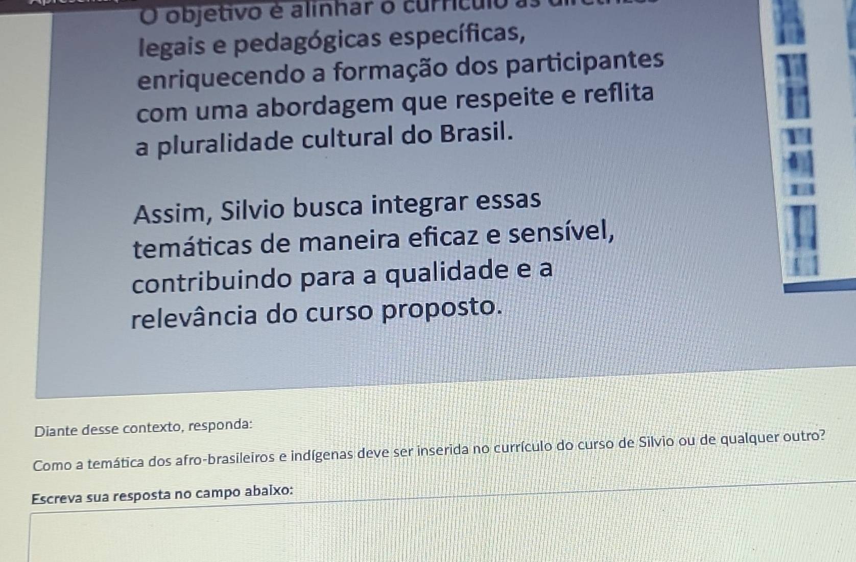 objetivo é alinhar o currículo 
legais e pedagógicas específicas, 
enriquecendo a formação dos participantes 
com uma abordagem que respeite e reflita 
a pluralidade cultural do Brasil. 
Assim, Silvio busca integrar essas 
temáticas de maneira eficaz e sensível, 
contribuindo para a qualidade e a 
relevância do curso proposto. 
Diante desse contexto, responda: 
Como a temática dos afro-brasileiros e indígenas deve ser inserida no currículo do curso de Silvio ou de qualquer outro? 
Escreva sua resposta no campo abaíxo: