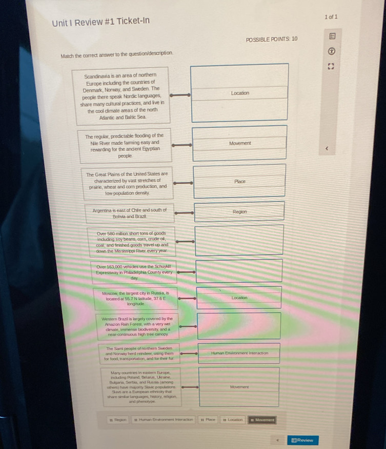 Review #1 Ticket-In 1 of 1
POSSIBLE POINTS: 10
Match the correct answer to the question/description.
Scandinavia is an area of northern
Europe including the countries of
Denmark, Norway, and Sweden. The
people there speak Nordic languages, Location
share many cultural practices, and live in
the cool climate areas of the north
Atlantic and Baltic Sea.
The regular, predictable flooding of the
Nile River made farming easy and Movement
rewarding for the ancient Egyptian
people
The Great Plains of the United States are
characterized by vast stretches of
prairie, wheat and corn production, and Place
fow population density.
Argentina is east of Chile and south of Region
Bolivia and Brazil
Over 580 million short tons of goods
including soy beans, corn, crude oil,
coal, and finished goods travel up and
down the Mississippi River every year.
Over 163,000 vehices use the Schuykill!
Expressway in Philadelphia County every
dary.
Moscow, the largest city in Russia, is
located at 55.7 N latitude. 37.6 E Location
longitude
Western Brazil is largely covered by the
Amazon Rain Forest, with a very wet
climate, immense biodiversity and a
near-continuous high tree canopy
The Sami people of northern Sweden
and Norway herd reindeer, using them
for food, transportation, and for their fur Human Envionment Interaction
Many countries in eastern Europe.
including Poland, Delatus, Ukraine.
Bulgara, Serbía, and Russia (amono
others) have majority Slavic populations
kivs are a Eurpoean ethnicity tha
share similar languages, history, religion.
and phenotype.
Region Human Environment Tréeraction :: Place # Location = Movement
4 ≌Review