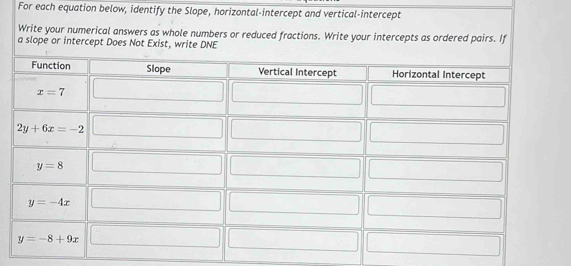 For each equation below, identify the Slope, horizontal-intercept and vertical-intercept
Write your numerical answers as whole numbers or reduced fractions. Write your intercepts as ordered pairs. If