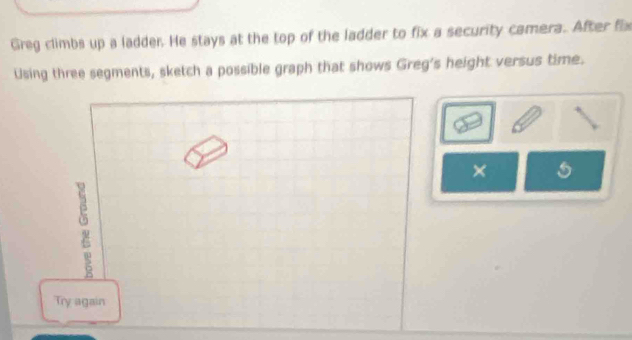 Greg climbs up a ladder. He stays at the top of the ladder to fix a security camera. After fix 
Using three segments, sketch a possible graph that shows Greg's height versus time. 
× 
Try again