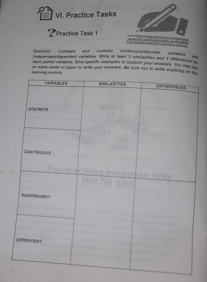= VI. Practice Tasks 
Practice Task 1 
Source hitps llmages search vahgo.com/shalsearc 
vt=AwrT4R.uvg1fmoASnU2hⅢQvu=X3eDMTmx 
Z28xY3ZzBHN∩YwNzZWFvY2qEc2xrA2J1dHRvbq 
Direction: Compare and contrast continuous/discrete variables and 
independent/dependent variables. Write at least 3 similarities and 3 differences for 
each paired variables. Give specific examples to support your answers. You may use 
an extra sheet of paper to write your answers. Be sure not to write anything s