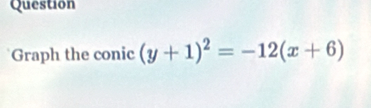 Question 
Graph the conic (y+1)^2=-12(x+6)