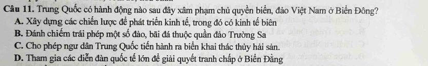 Trung Quốc có hành động nào sau đây xâm phạm chủ quyền biển, đảo Việt Nam ở Biển Đông?
A. Xây dựng các chiến lược để phát triển kinh tế, trong đó có kinh tế biên
B. Đánh chiếm trái phép một số đảo, bãi đá thuộc quần đảo Trường Sa
C. Cho phép ngư dân Trung Quốc tiến hành ra biển khai thác thủy hải sản.
D. Tham gia các diễn đàn quốc tế lớn đề giải quyết tranh chấp ở Biển Đằng