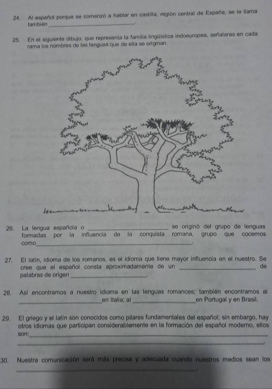 Al español porque se comenzó a hablar en castilla, región central de España, se le llama 
también_ 
. 
25. En el siguiente dibujo, que representa la familia lingüística indoeuropea, señalaras en cada 
rama los nombres de las lenguas que de ella se originan. 
26. La lengua española o _se originó del grupo de lenguas 
formadas por la influencia de la conquista romana, grupo que cocemos 
como_ 
27. El latín, idioma de los romanos, es el idioma que tiene mayor influencia en el nuestro. Se 
cree que el español consta aproximadamente de un _de 
palabras de origen_ 
28. Así encontramos a nuestro idioma en las lenguas romances; también encontramos al 
_en Italia; al _en Portugal y en Brasil. 
29. El griego y el latín son conocidos como pilares fundamentales del español; sin embargo, hay 
otros idiomas que participan considerablemente en la formación del español moderno, ellos 
son:_ 
_. 
30. Nuestra comunicación será más precisa y adecuada cuando nuestros medios sean los 
_