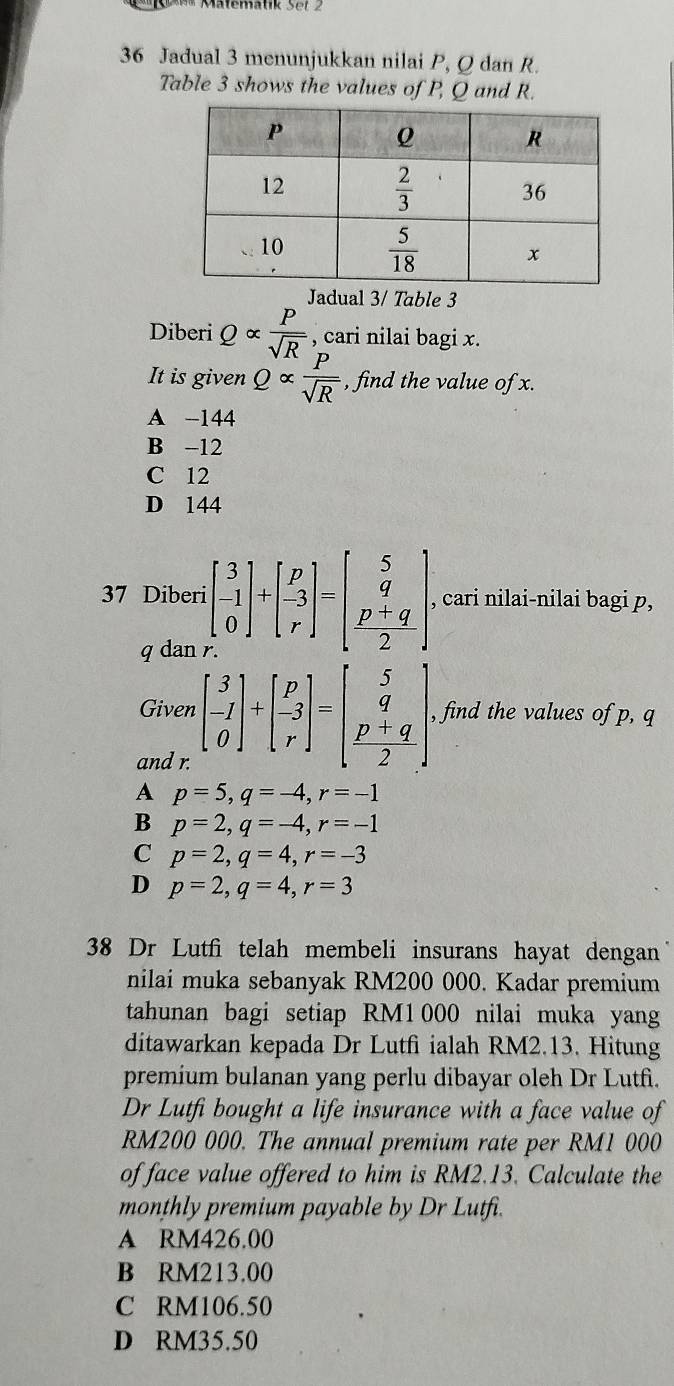 Jadual 3 menunjukkan nilai P, Q dan R.
Table 3 shows the values of P, Q and R.
Jadual 3/ Table 3
Diberi Qalpha  P/sqrt(R)  , cari nilai bagi x.
It is given Qalpha  P/sqrt(R)  , find the value of x.
A -144
B -12
C 12
D 144
37 Diberi beginbmatrix 3 -1 0endbmatrix +beginbmatrix p -3 rendbmatrix =beginbmatrix 5 q  (p+q)/2 endbmatrix . , cari nilai-nilai bagi p,
q dan
Given beginbmatrix 3 -1 0endbmatrix +beginbmatrix p -3 rendbmatrix =beginbmatrix 5 q  (p+q)/2 endbmatrix , find the values of p, q
and r.
A p=5,q=-4,r=-1
B p=2,q=-4,r=-1
C p=2,q=4,r=-3
D p=2,q=4,r=3
38 Dr Lutfi telah membeli insurans hayat dengan
nilai muka sebanyak RM200 000. Kadar premium
tahunan bagi setiap RM1 000 nilai muka yang
ditawarkan kepada Dr Lutfi ialah RM2.13. Hitung
premium bulanan yang perlu dibayar oleh Dr Lutfì.
Dr Lutfi bought a life insurance with a face value of
RM200 000. The annual premium rate per RM1 000
of face value offered to him is RM2.13. Calculate the
monthly premium payable by Dr Lutfi.
A RM426.00
B RM213.00
C RM106.50
D RM35.50